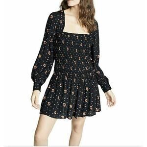 FREE PEOPLE black Floral Long Sleeves Peasant Mini Dress Small